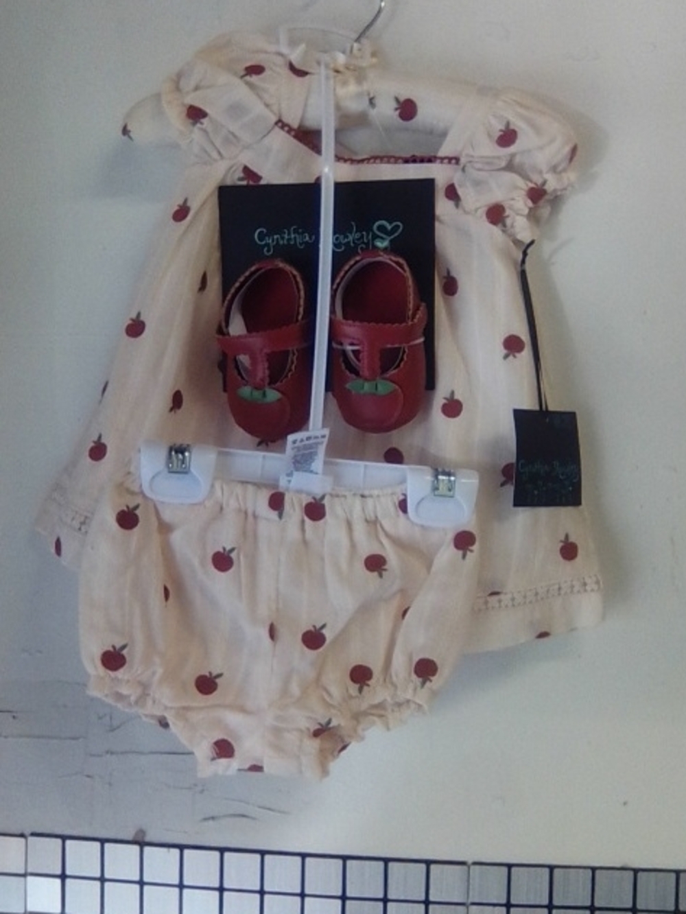 Cynthia Rowley Cream Apple Print Dress & Bloomer Set with Red Shoes